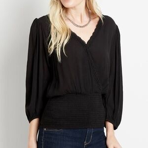 Maurices Black Smocked Bottom Long Sleeve Top - medium